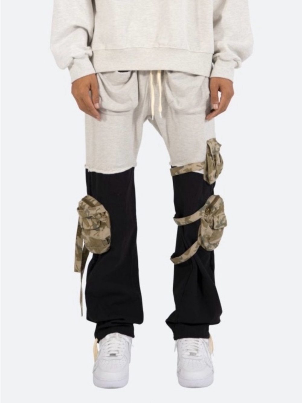 MNML Two-Tone Cargo Strap Pants in Cream, Black & Camo